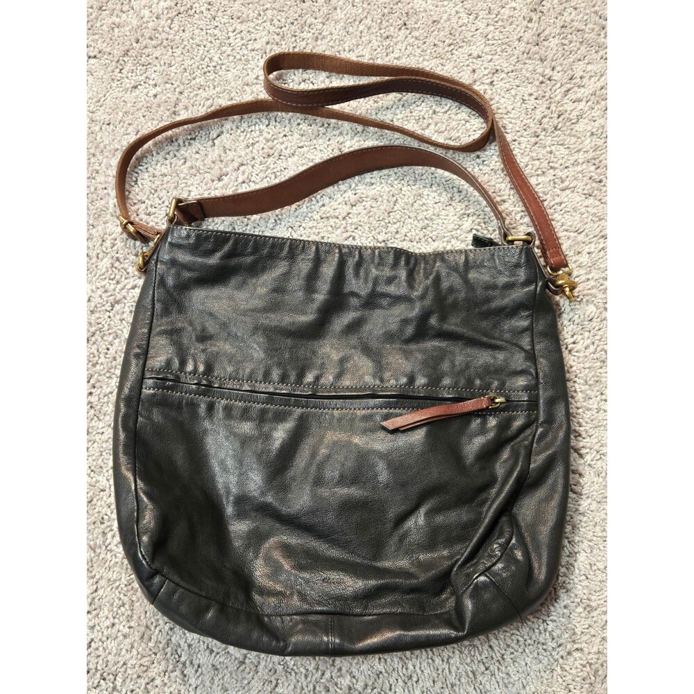 Fossil Corey Messenger Hobo Tote Purse Black Leather Brown Crossbody Bag Basic